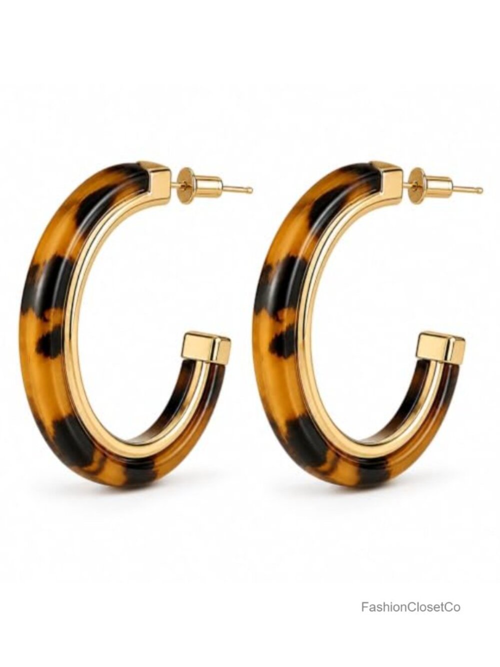 Tortoise Shell Hoop Earrings Gold Tone Chunky Statement Jewelry